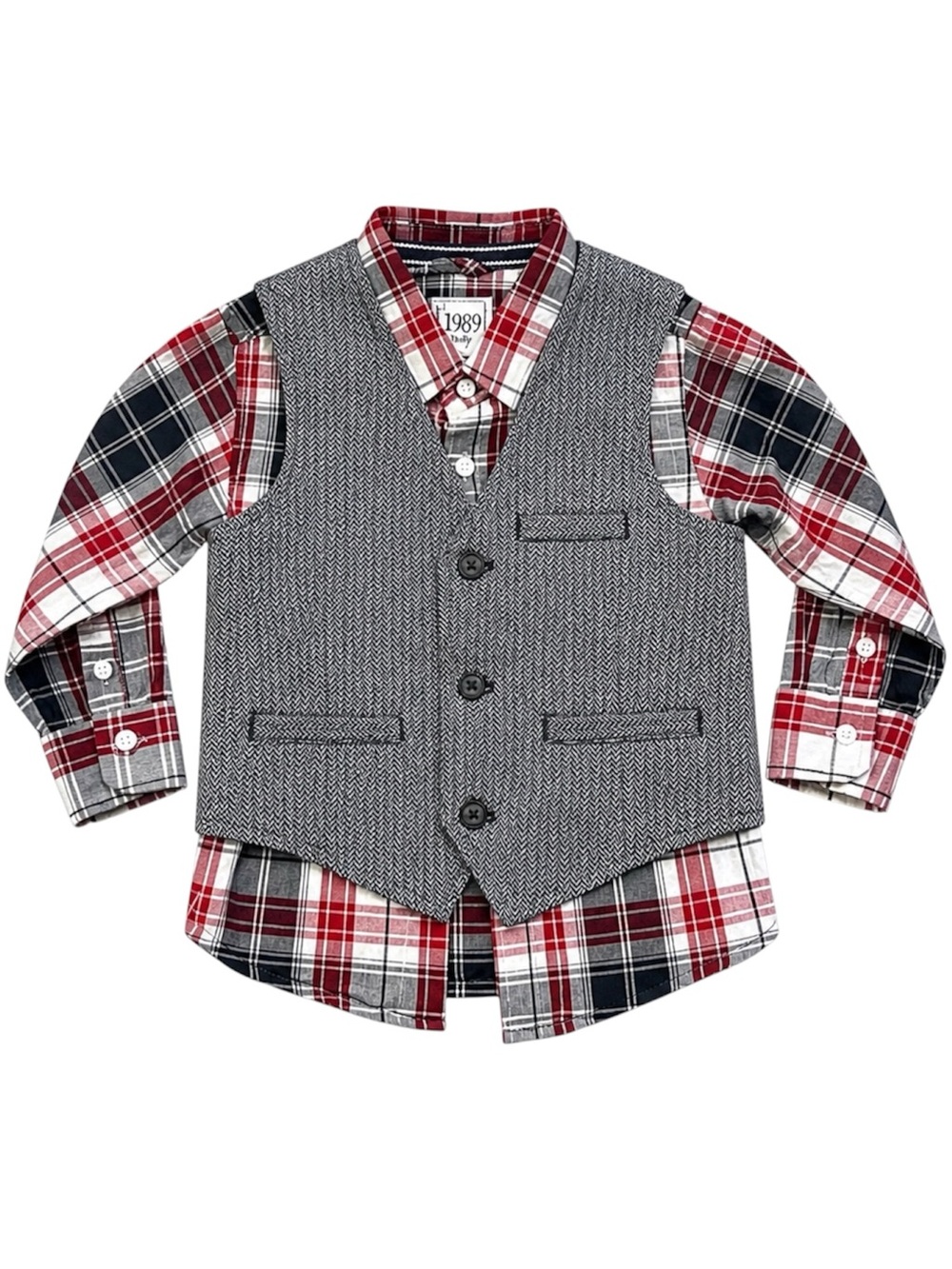 Children’s Place 18-24M Boys Plaid Shirt Vest Outfit Set Gray Red Holiday Dressy